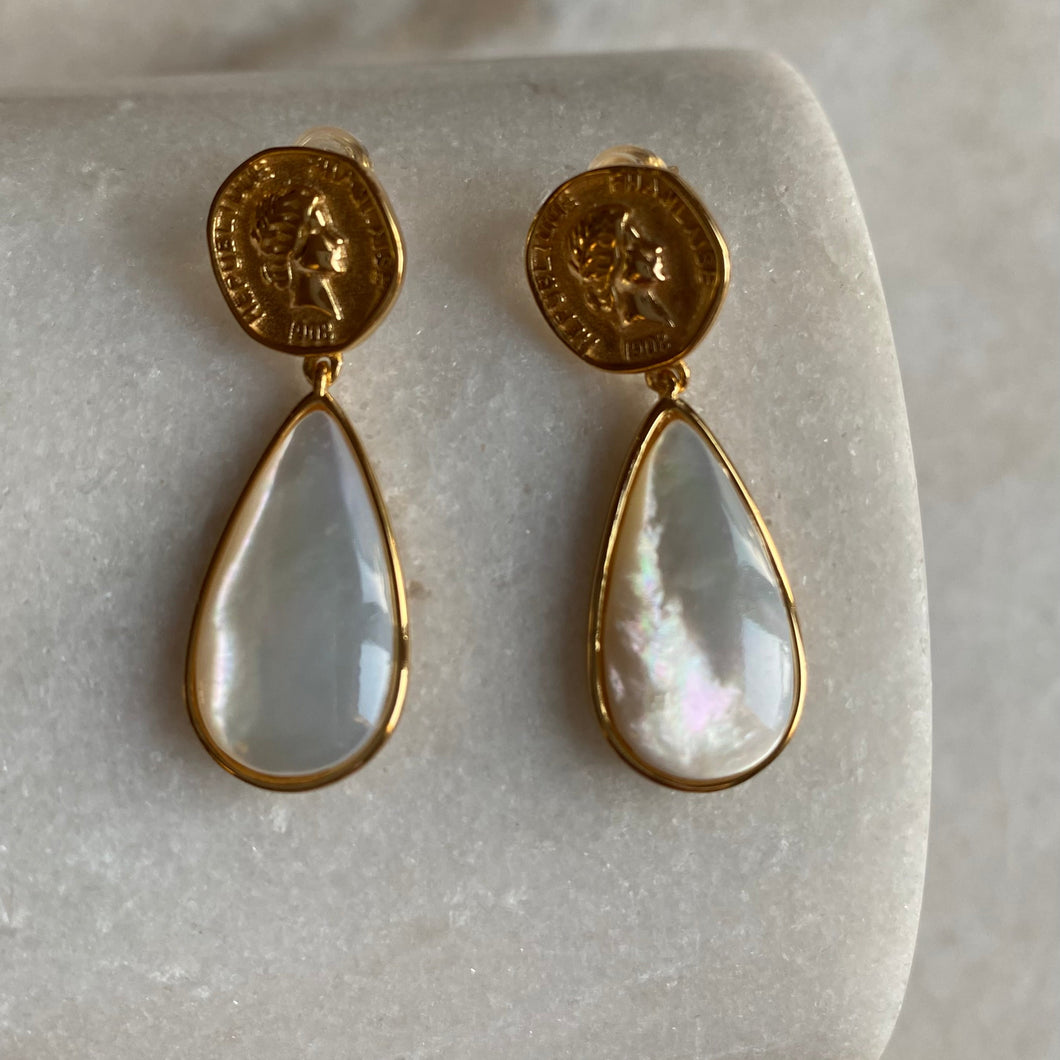 Gold coin and mother of pearl tear drops