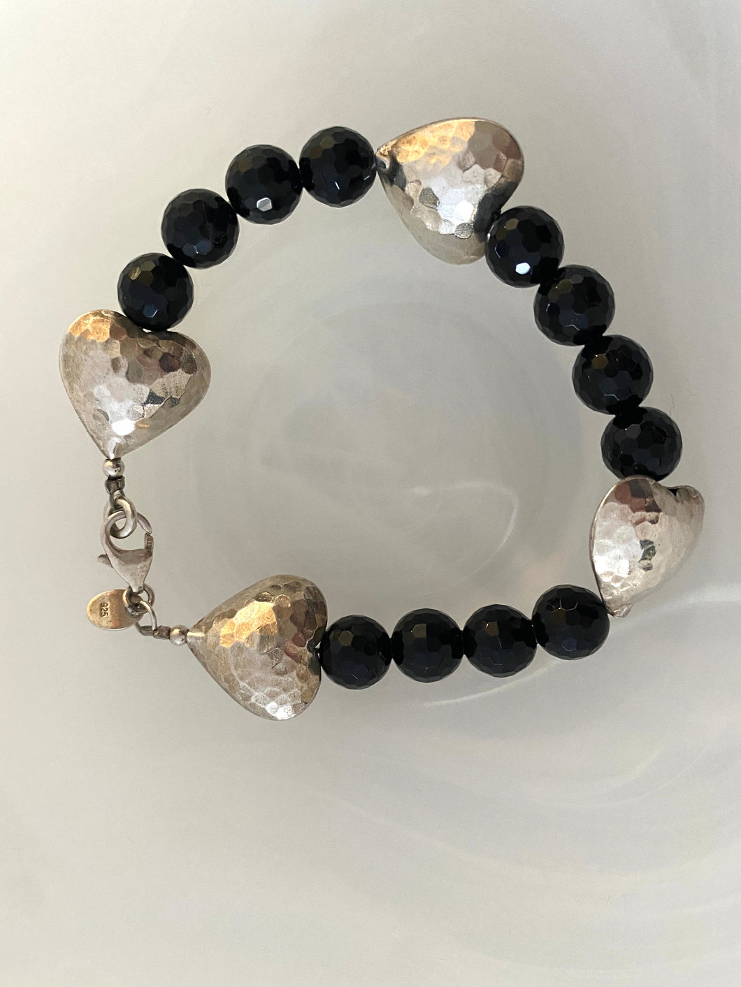 Hammered hearts & onyx bracelets