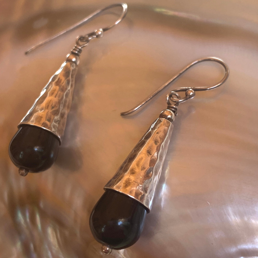 Hammered Sterling Silver with black onyx cabochons earrings