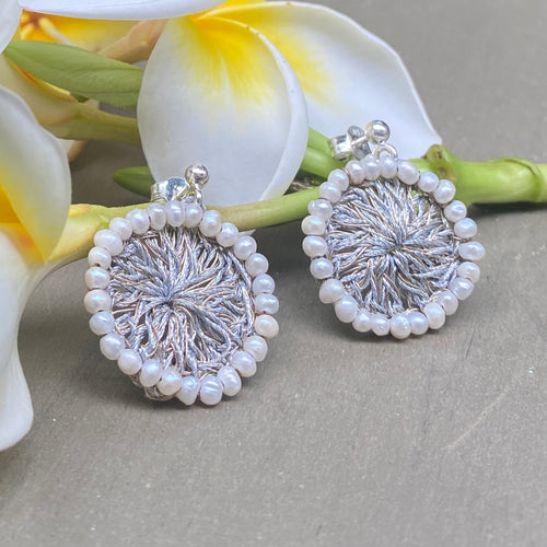 Woven silver thread disc with pearl drop earrings