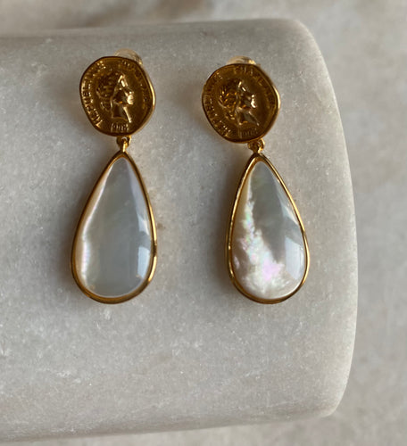Gold coin and mother of pearl tear drop earrings