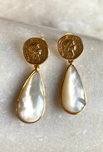 Gold coin and mother of pearl tear drop earrings
