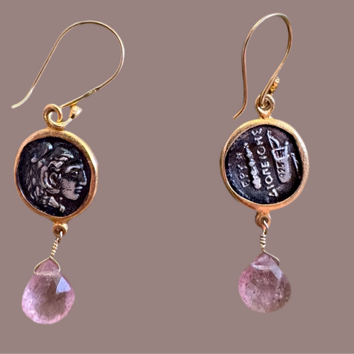 The ancient ‘Diopeithes’ coin with rose quartz drop earrings