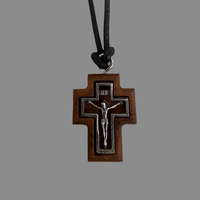 The wooden and leather unisex cross necklace