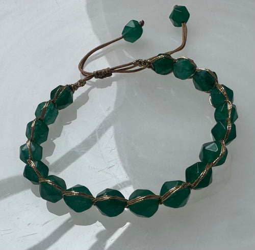 Green quartz with gold and taupe string bracelet