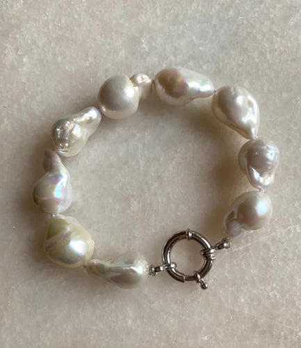 Lustrous Baroque fresh water Pearl bracelet with Silver Bolt Clasp