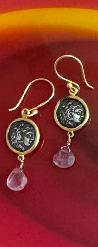 The ancient coin with rose quartz drop earrings