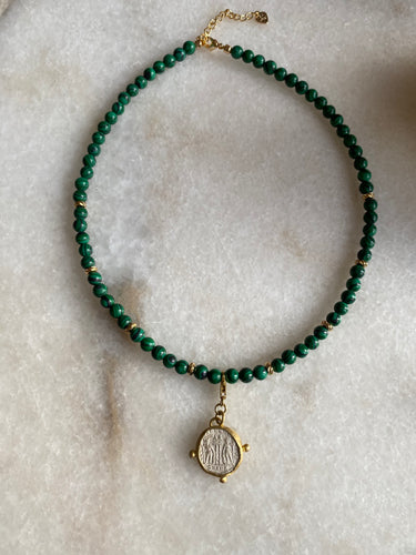 Malachite beads with Byzantine coin pendant