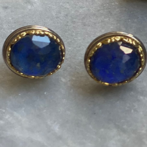 Oval lapis stud earrings with 24k gold detail