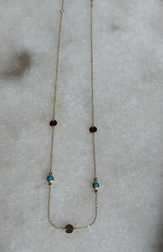 14k gold Golden circles and turquoise beads necklace.