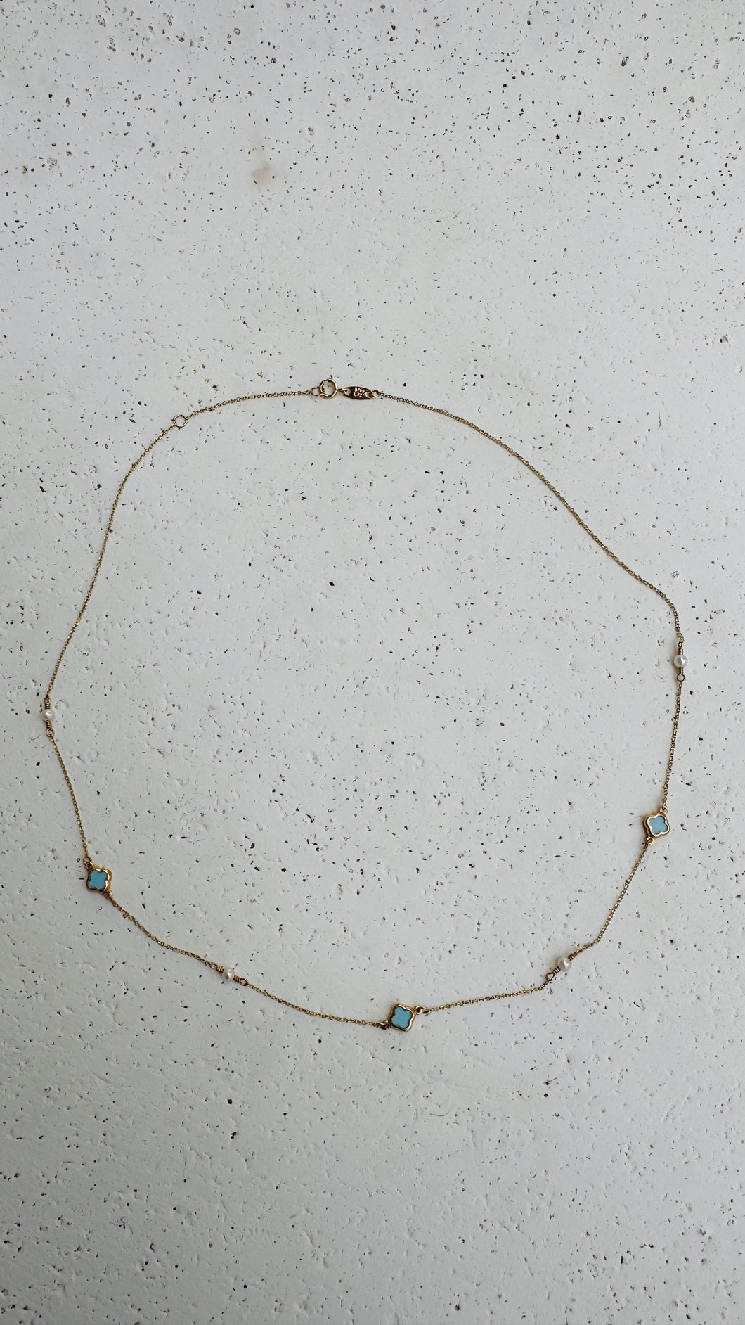 9k gold turquoise clovers and Akoya pearl necklace