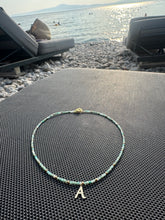 14k gold initial on apatite and gold beads