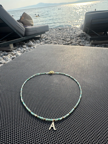14k gold initial on apatite and gold beads