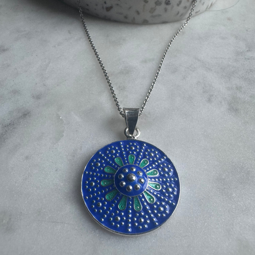 The blue and turquoise enamel necklace