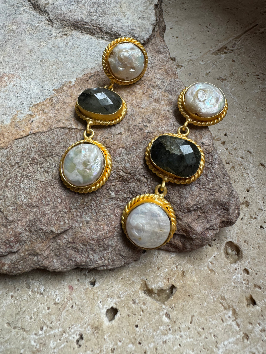 Grecian labradorite and pearl earrings