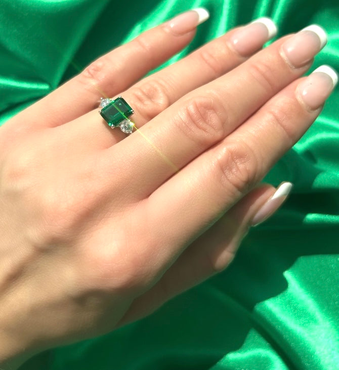 Emerald green baguette cubic zirconia ring