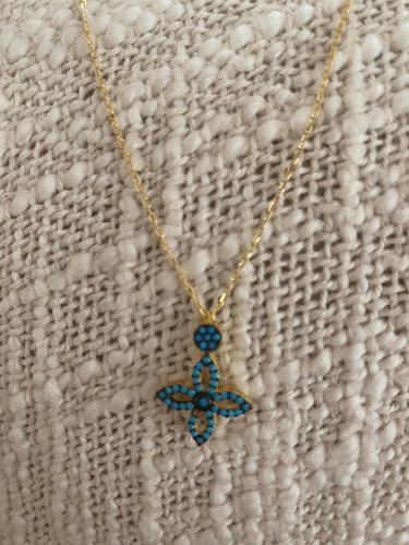 Turquoise CZ cross in yellow or rose gold plated necklace