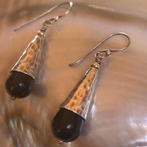 Hammered Sterling Silver with black onyx cabochons earrings