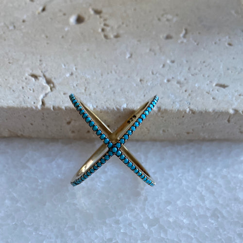 Turquoise Beaded Cross Over Ring