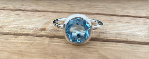 Blue Topaz round old european cut silver ring