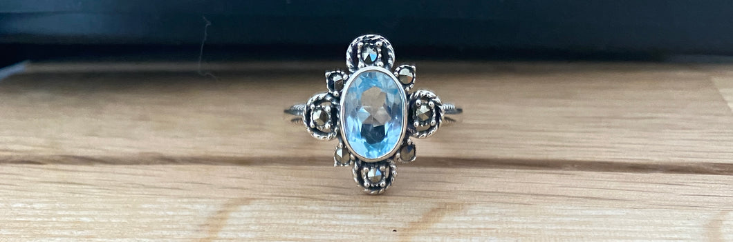 Blue topaz oval cut with marcasite on silver band