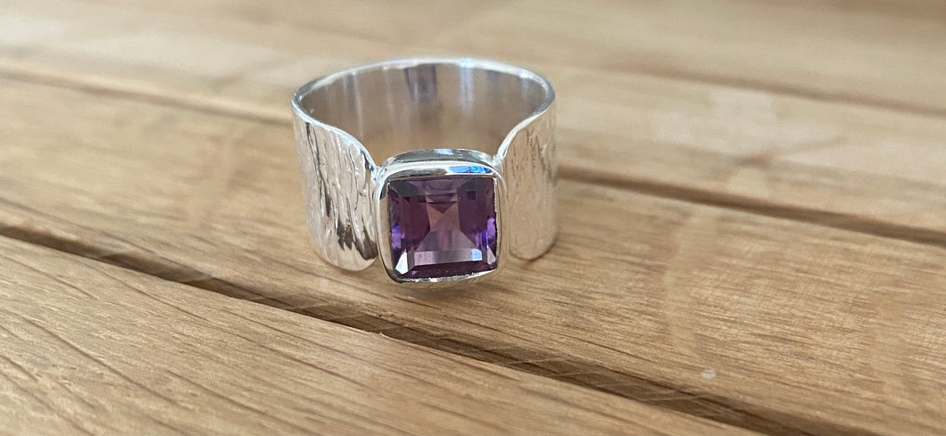 Amethyst Square cut on wide silver band