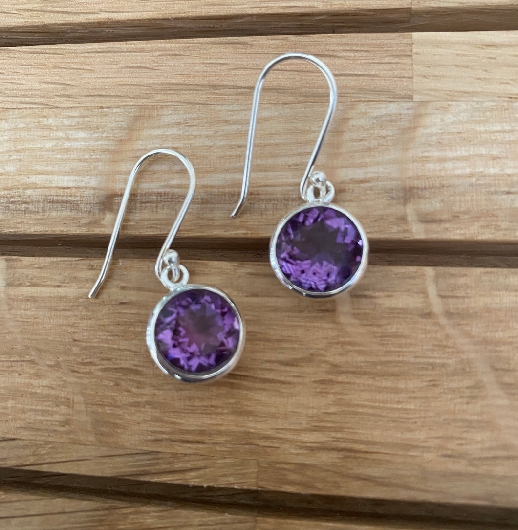 Amethyst round cut hanging earrings in sliver
