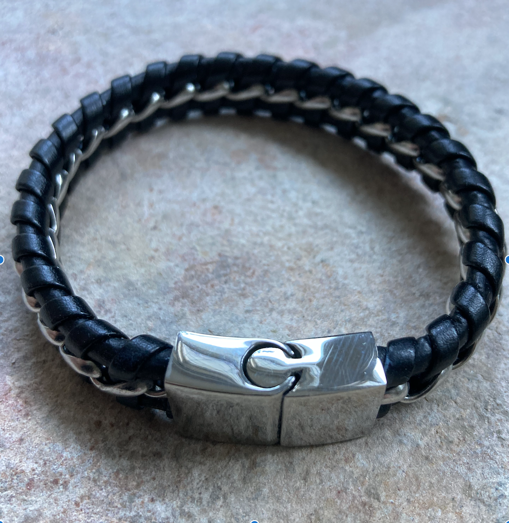Leather with interwoven stainless steel links