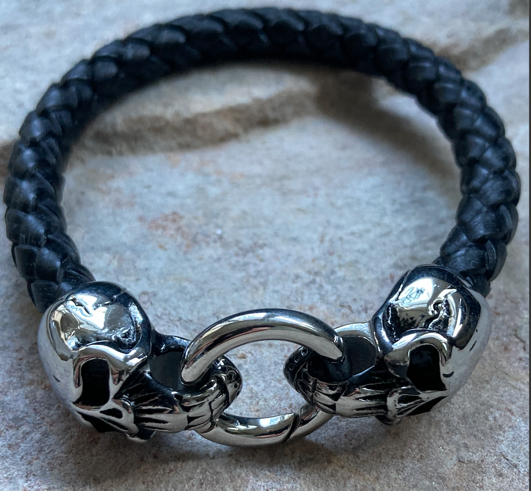 Skulls by two leather bracelet
