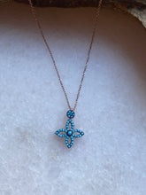 Turquoise CZ cross in yellow or rose gold plated necklace