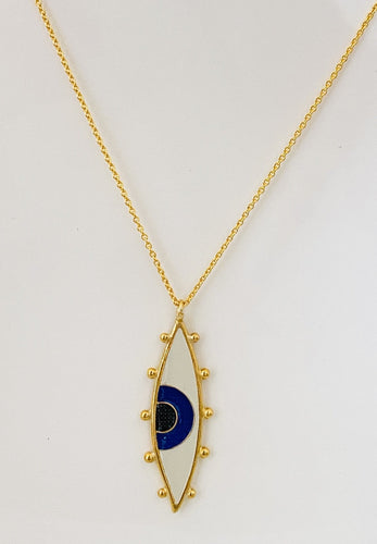 Aristea blue and white enamel mati necklace