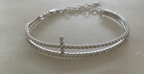2 Row silver bead and CZ  bracelet (cross)