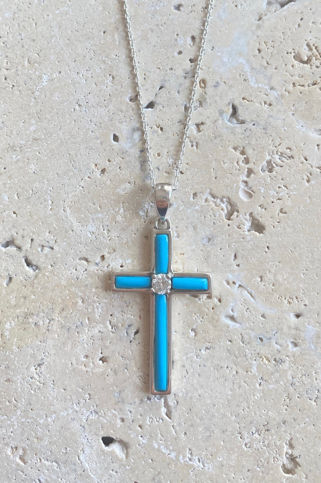 Turquoise enamel and Cz silver cross