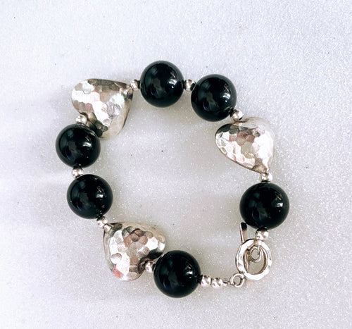 Hammered hearts & onyx bracelets