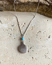 Scallop shell with turquoise bead necklace.