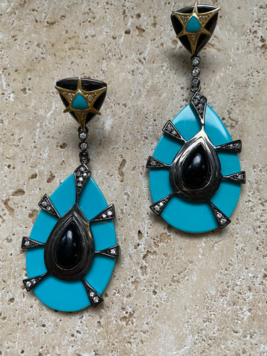 Turquoise and black enamel earrings