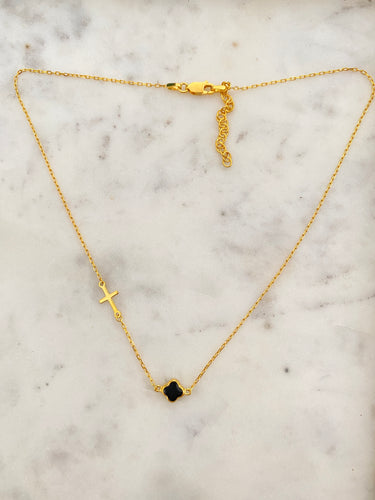 Cleopatra small black onyx and cross Necklace (yellow gold vermeil, rose and silver)
